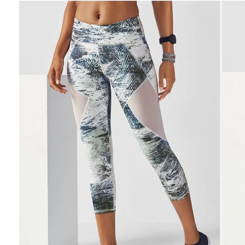 Fabletics Mid Rise Mesh Powerhold Capri Fossil Print White Leggings